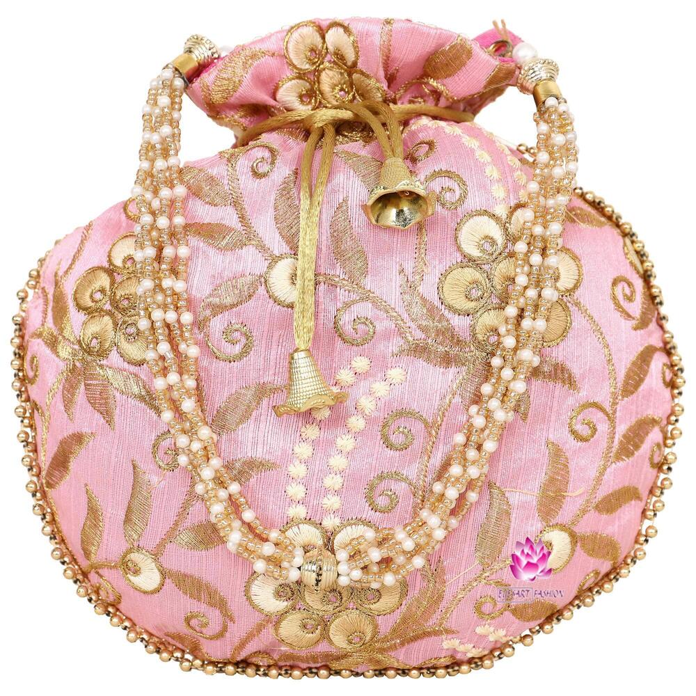 7342 Potli bag Peach Indian Ethnic Handbag Embroidered Floral Batwa Wedding